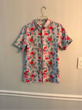 Kids Short-Sleeve Flamingo Print Button-Down Shirt - White/Pink